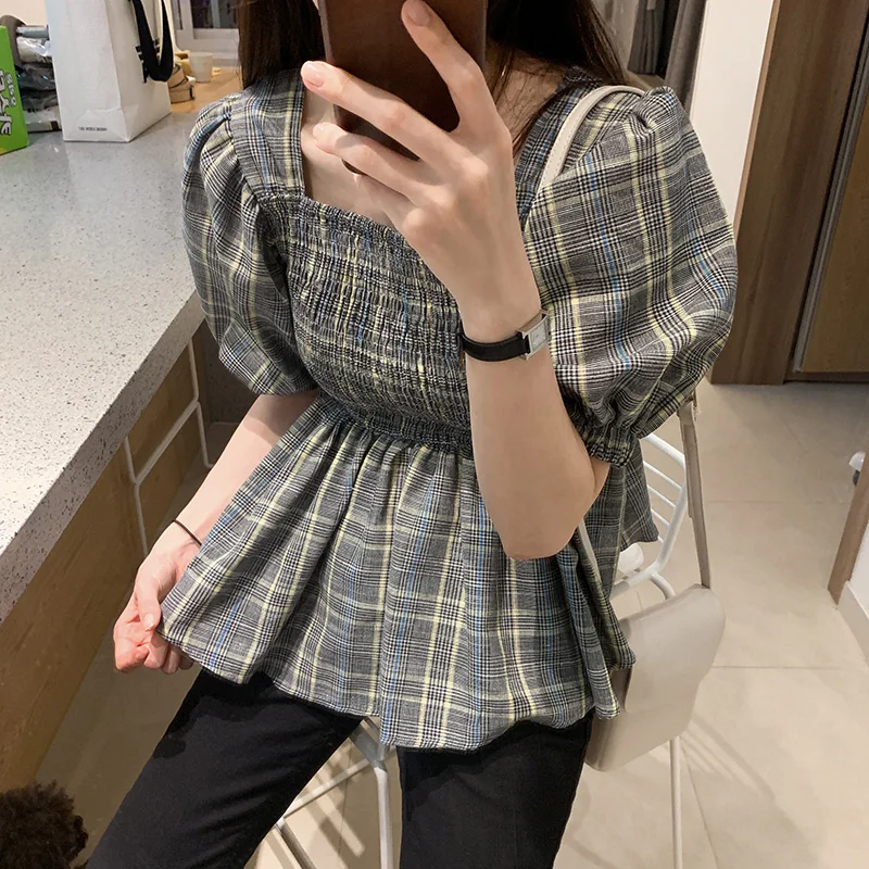 Летние Короткие топы женская модная повседневная винтажная блузка рубашка