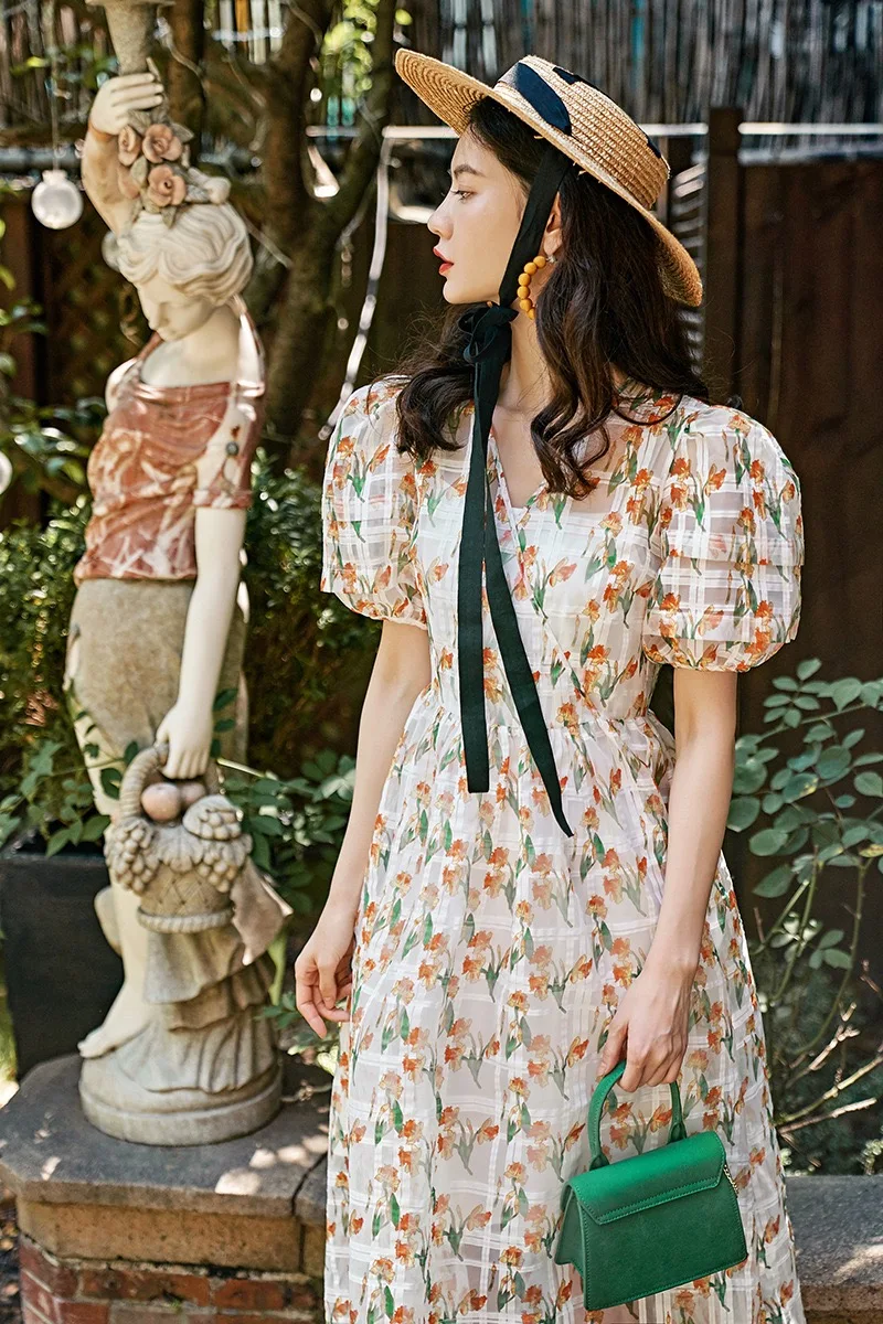 Винтажное милое белое платье до середины икры из органзы с рукавами-фонариками и