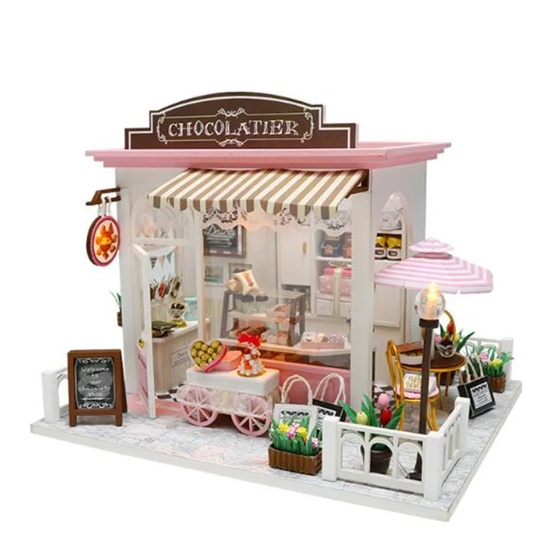 

Cute house diy dollhouse wooden doll house Miniature chocolate shop Wooden Building with Furniture child Toys C007
