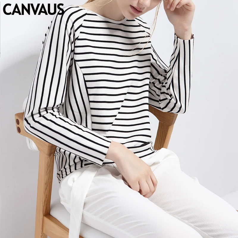 CANVAUS new coming striped pullovers women tops and tees female t shirt with original design o neck YM0164 | Женская одежда