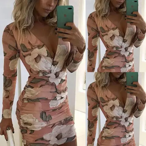 Модное женское Бандажное мини-платье с длинным рукавом и глубоким v-образным