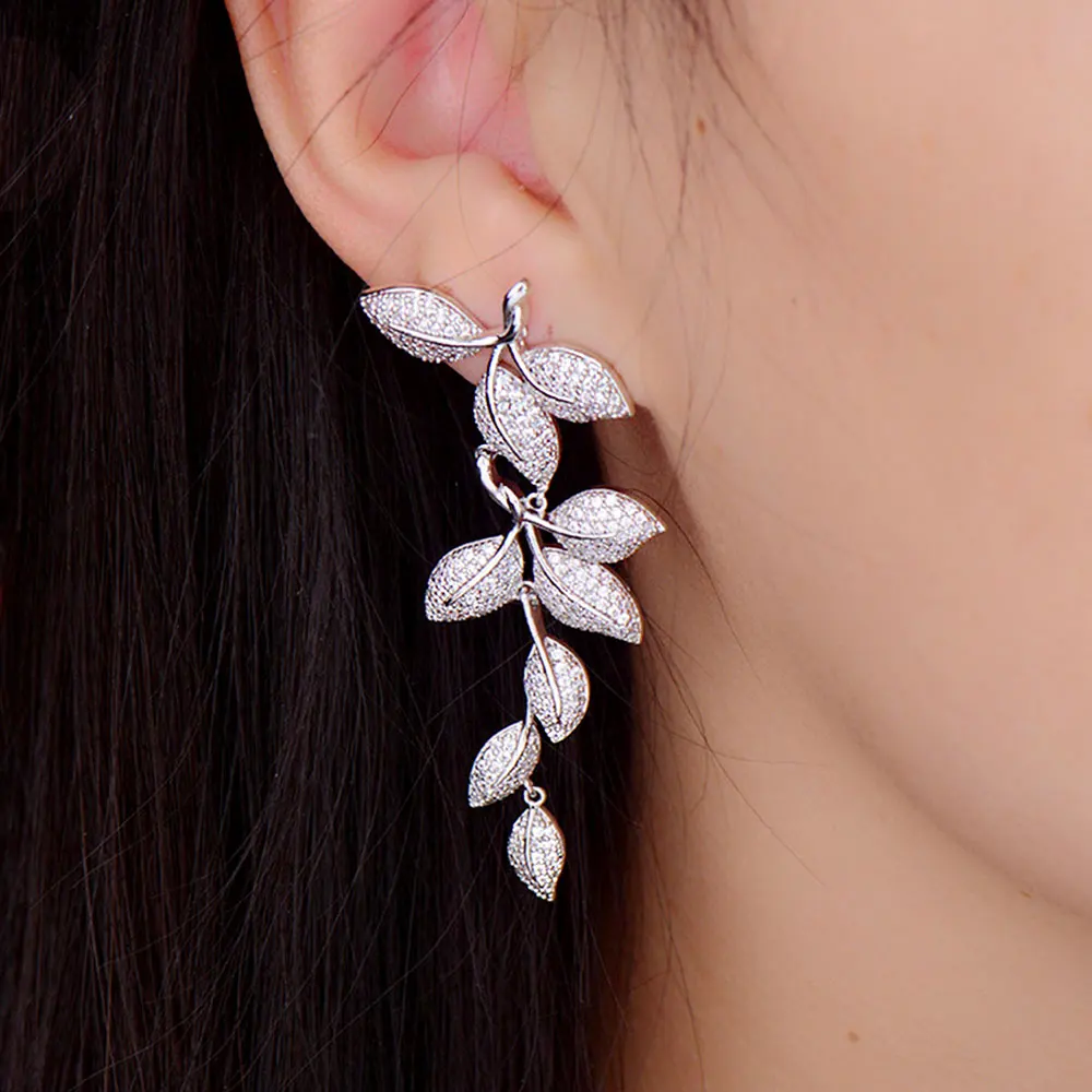 

GODKI Brand New Luxury Full Mirco Pave Cubic Zirconia Long Leaves Dangle Wedding Earring For Women