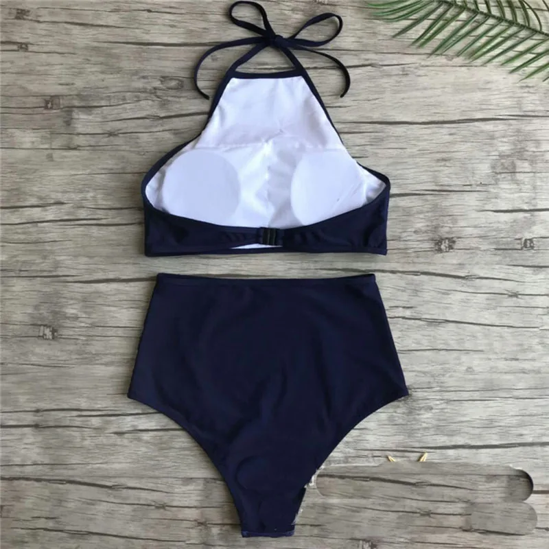 Бикини 2018 женский купальник с высокой талией для женщин черный принт топ через