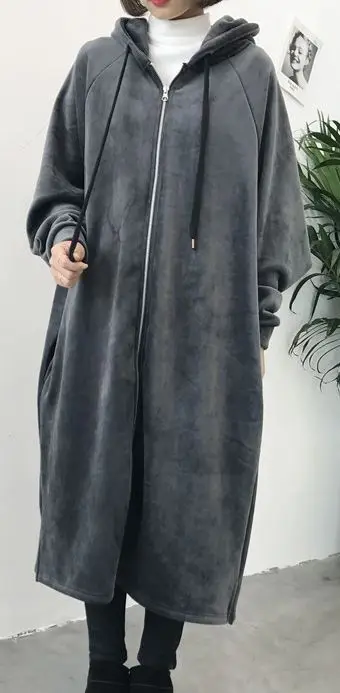 

women hooded trench velvet warm big yards long sleeve new long loose big size clothes pocket thick fabric free size fleece top