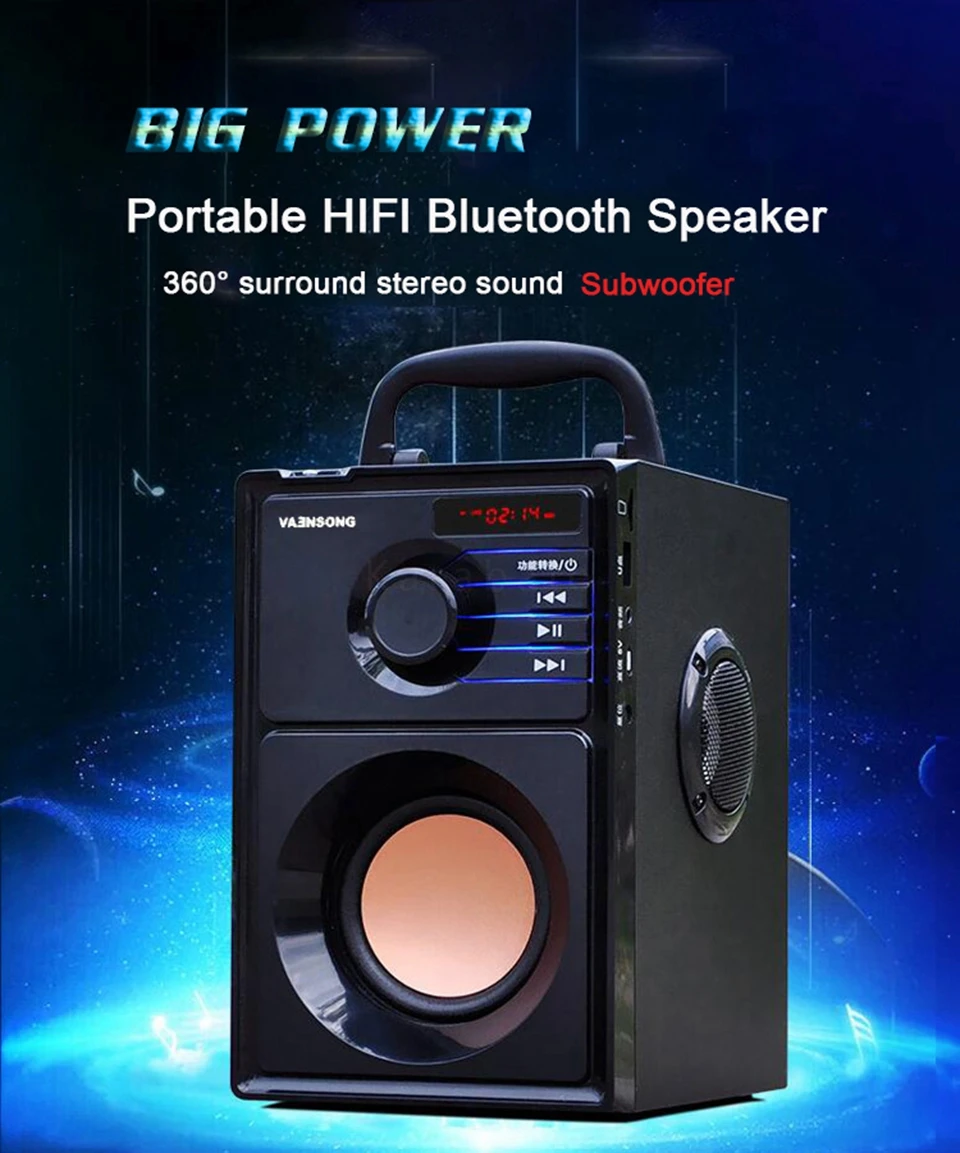 VAENSONG большой мощности Bluetooth динамик сабвуфер беспроводной портативный тяжелый бас стерео динамик s музыкальный плеер ЖК-дисплей fm-радио TF