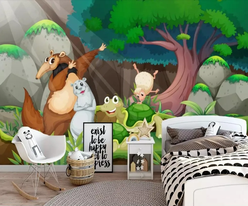 3D мультфильм лес сказочный мир животных детская комната роспись | Обустройство