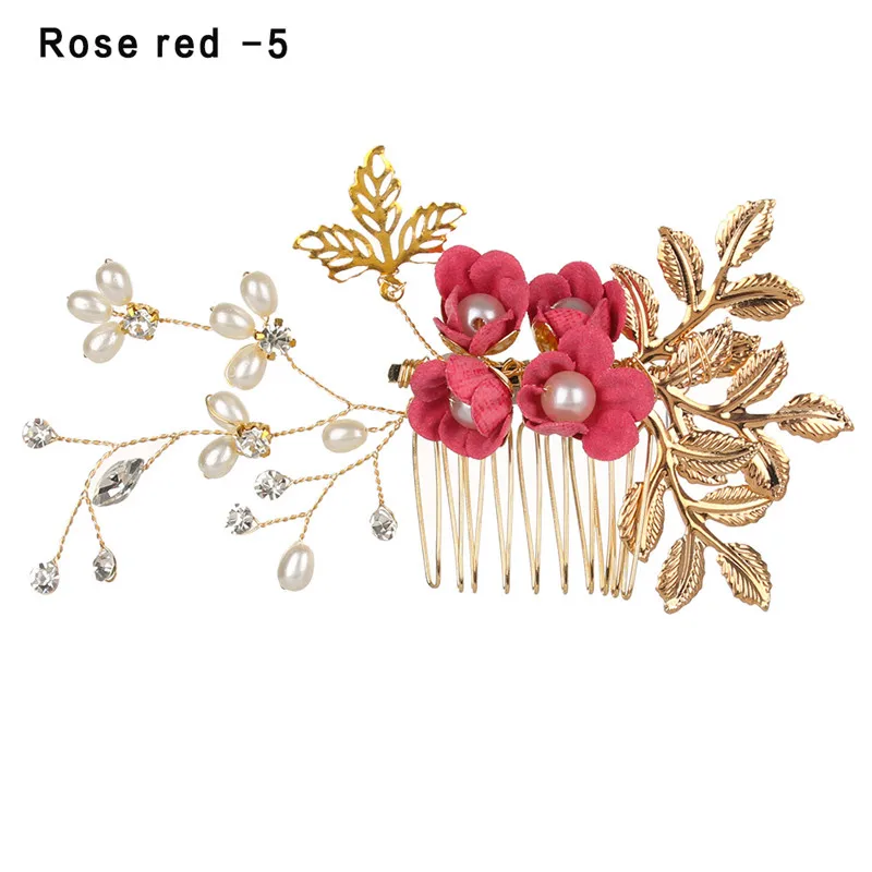 Rose Red5 Новые роскошные расчески для волос с голубыми цветами, головной убор для невесты, свадебные аксессуары для волос, золотые украшения для волос с листьями, заколки для волос - Окраска металла: Rose Red5