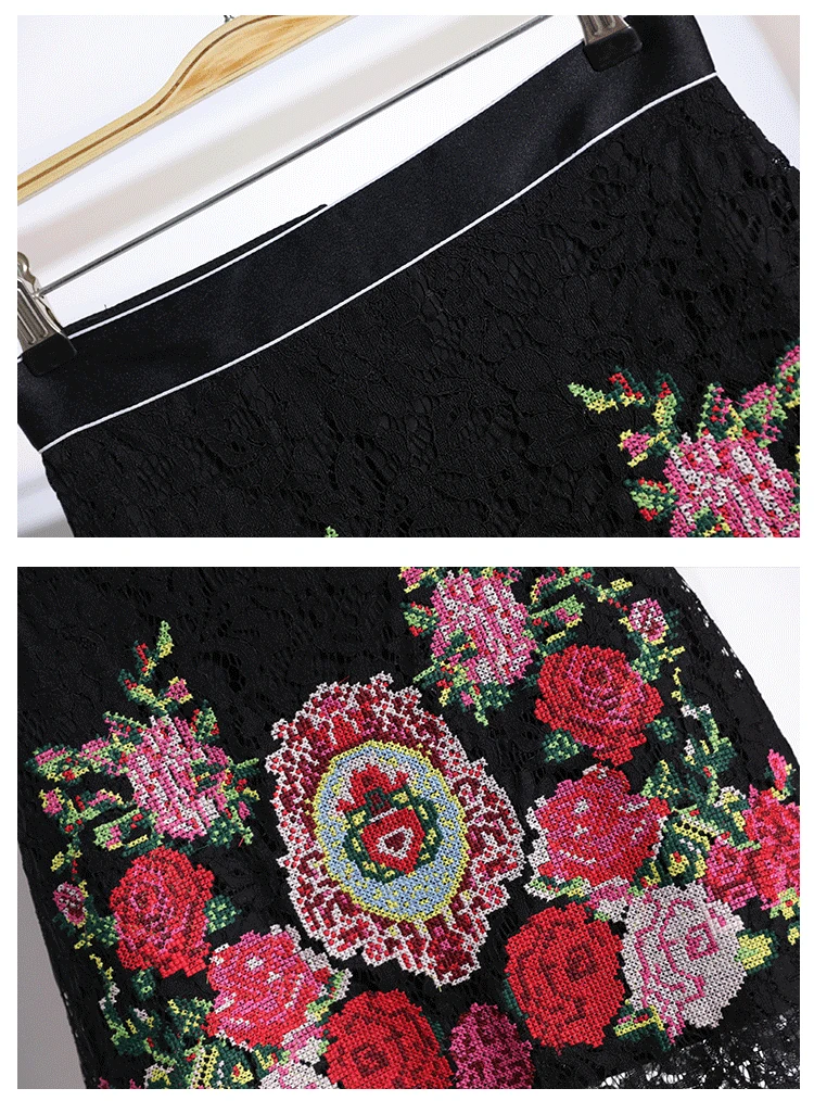 2018 Runway Women Lace Skirt Chic High Waist Floral Rose Embroidery Black Straight Mini Harajuku Falda Mujer | Женская одежда