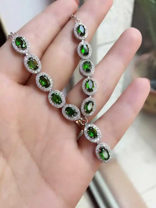

Natural green diopsid Necklace natural gemstone Pendant Necklace S925 silver trendy Elegant round women party fine Jewelry