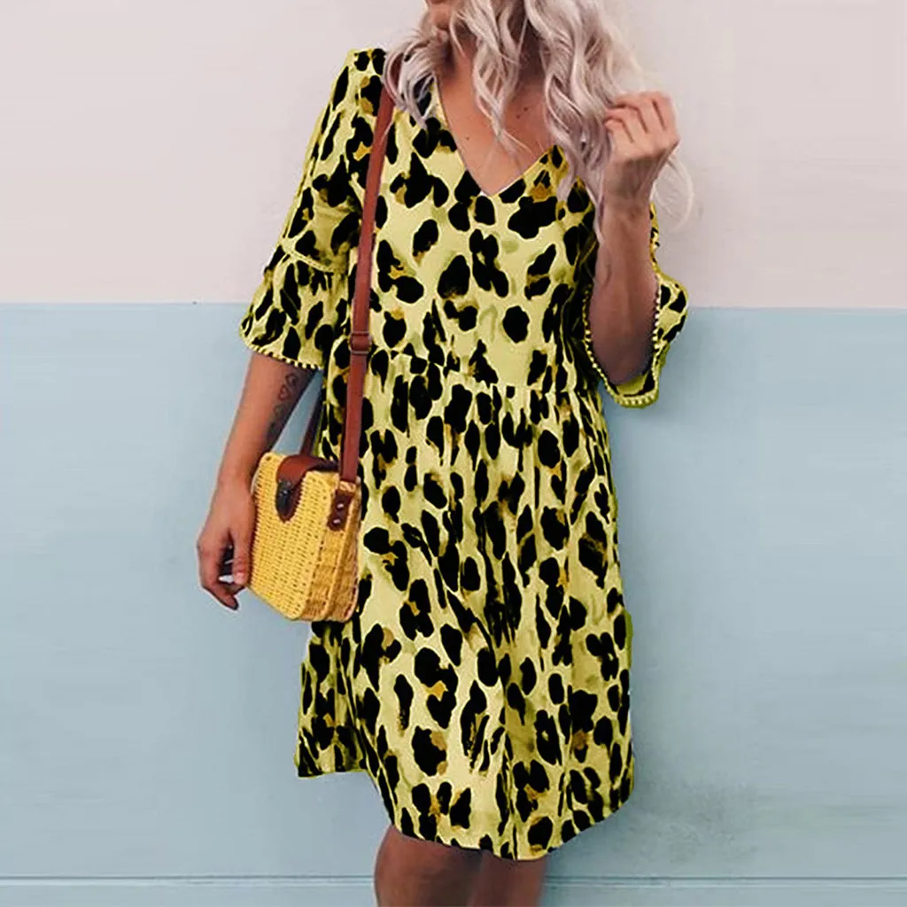 Женские ботинки размера плюс летнее платье с v образным вырезом и леопардовым