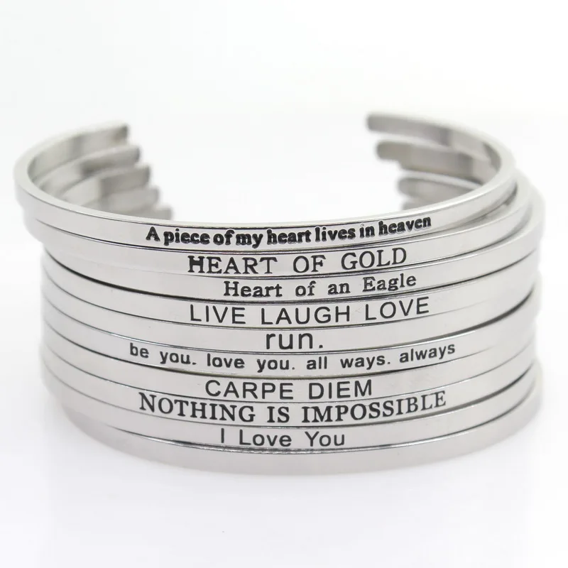 

Stainless Steel 10 Styles Bangle Engraved Positive Inspirational Quote Hand Stamped Cuff Mantra Bracelets For Men Women