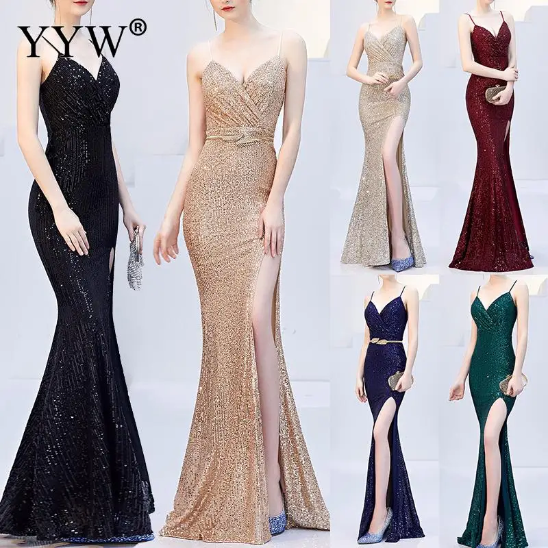 Сексуальное вечернее платье, расшитое блестками, Robe De Soiree, с v-образным вырезом, без рукавов, с открытой спиной, длинное платье, с разрезом по бокам, с открытыми плечами, вечерние платья