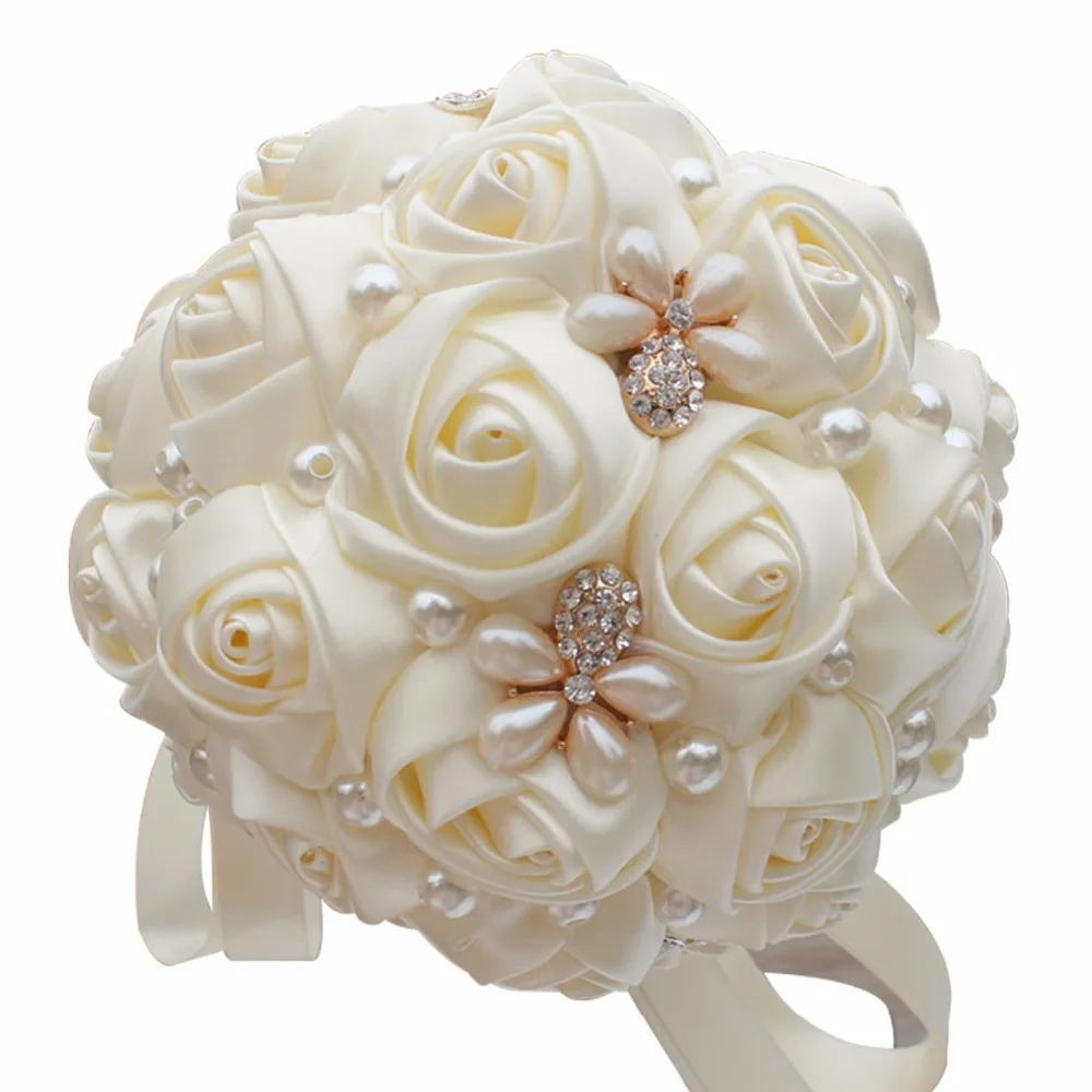 

Creamy Wedding Bouquet for Bride And Bridesmaid Ivory Rhinestone Pearl Silk Rose Handmade Wedding Church Decoration Q080