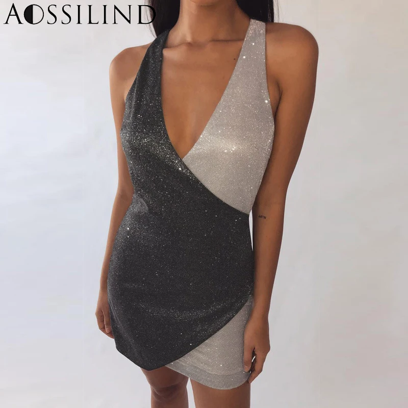 AOSSILIND модное блестящее сексуальное платье без рукавов в стиле пэчворк женское