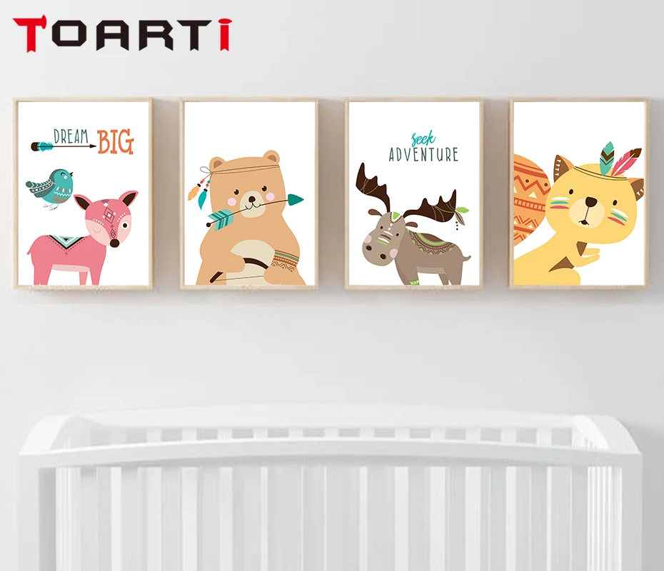 Постеры с рисунками животных из мультфильмов медведь олень лиса холст картина