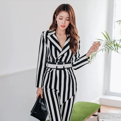 Костюм в полоску женский из двух предметов ассиметричные брюки для ног Модный