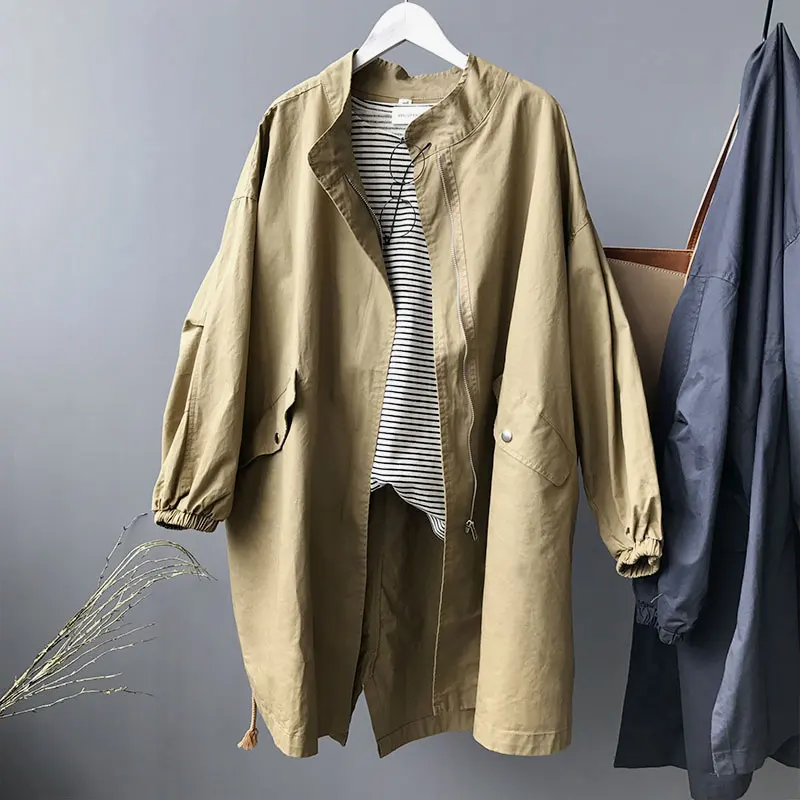 

2019 Autumn women casual solid color zipper outwear korean girls stand collar long trench coat chic design BF oversized trench
