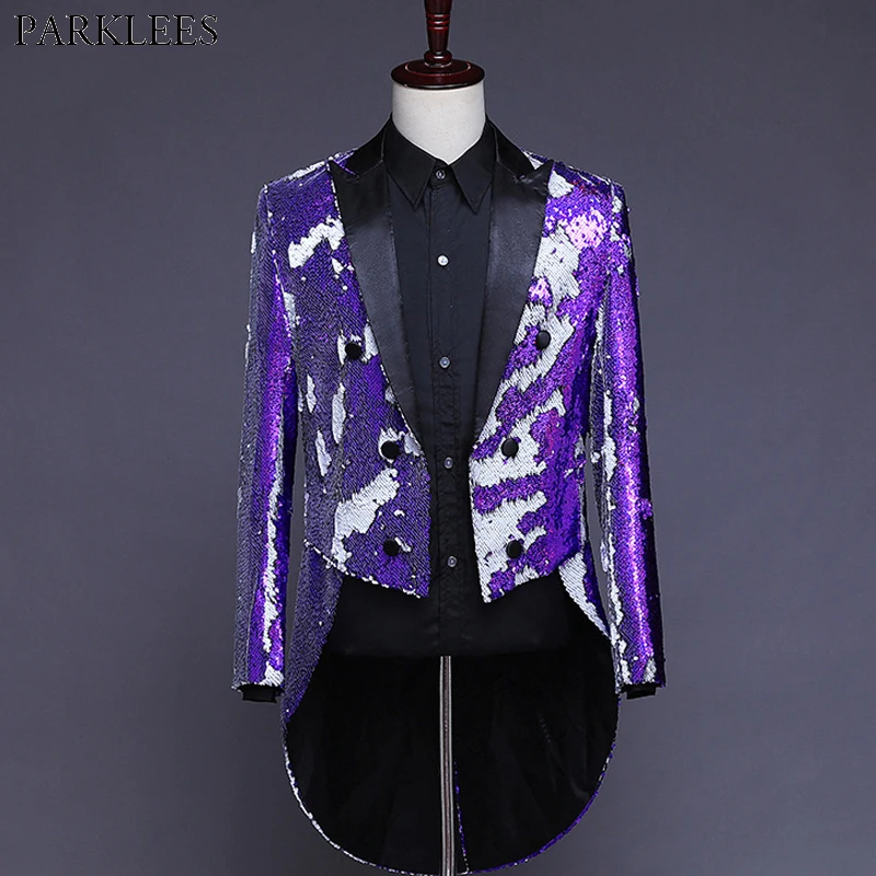 Блестящий Фиолетовый блесток украшенный длинное платье блейзер для мужчин