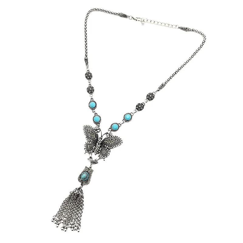 Necklace Большая Длинная кисточка бабочка висячие серьги браслет нагрудник эффектное ожерелье Turquoises талию живота цепь тела индийские Афган ювелирные изделия - Окраска металла: Necklace