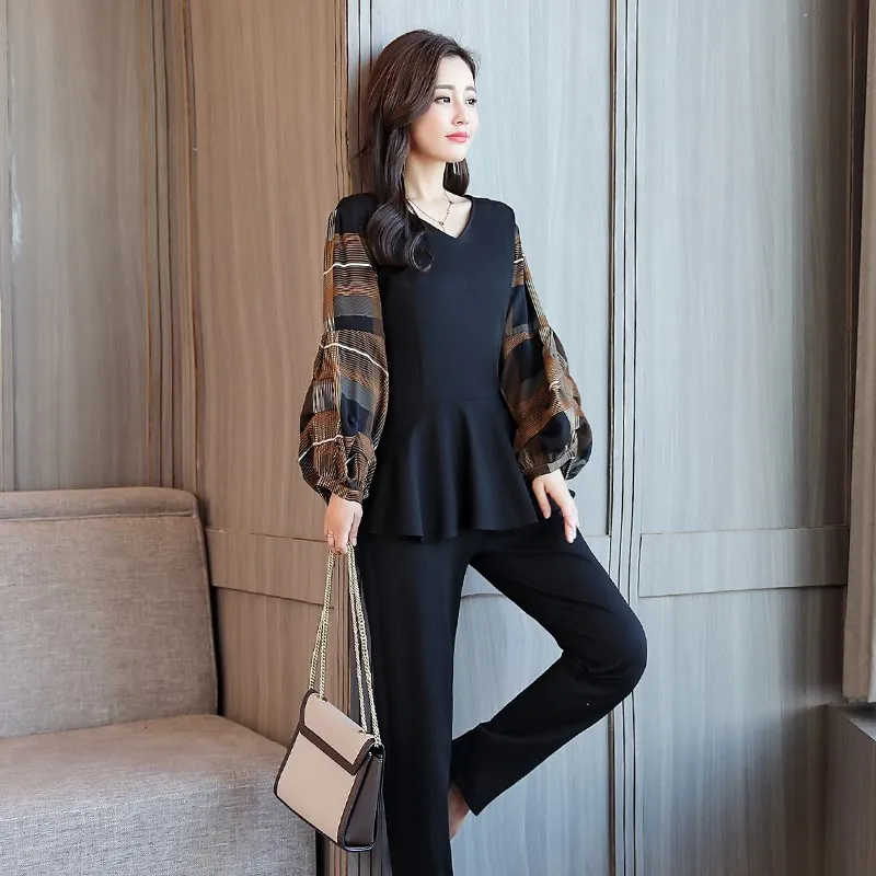Xl-5xl, черный, в клетку, комплект из 2 предметов, для женщин, плюс размер, рукав-фонарик, топы и штаны, наборы, костюмы, весна, осень, повседневные, офисные, женские комплекты