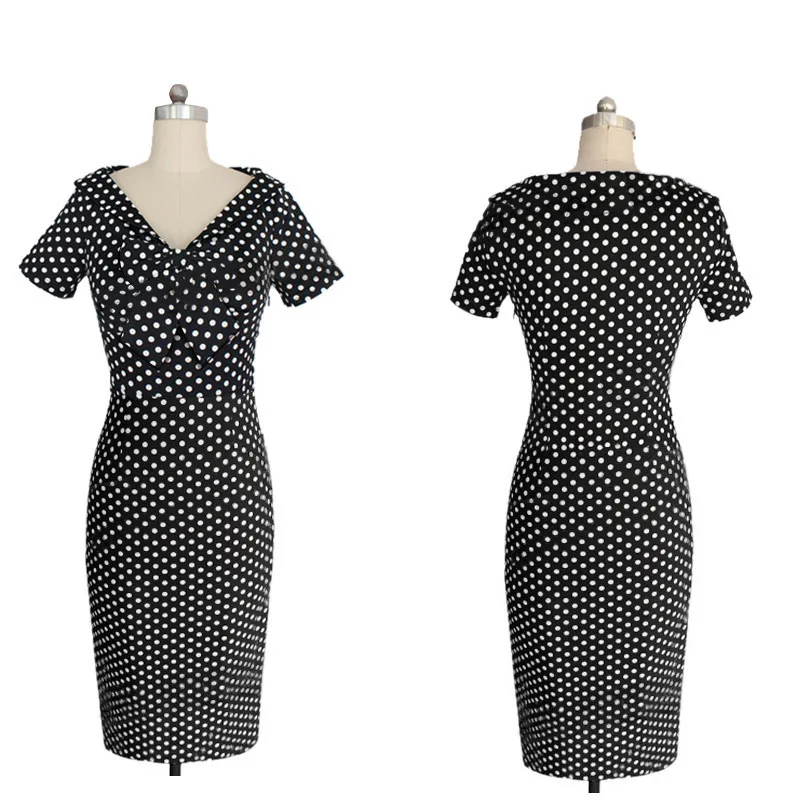 Kostlich V Neck With Bow Knot Dot Pencil Dress Short Sleeves Women Summer Bodycone Party Dresses Casual Sundress | Женская одежда