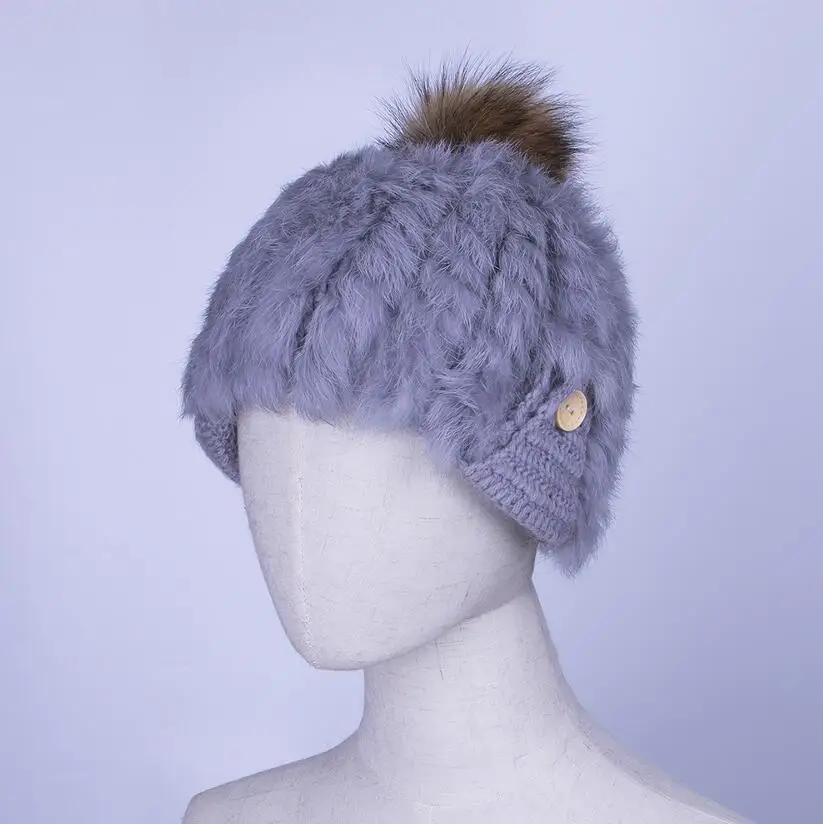 grey YC Fur милые шапки для девочек, шапки бини, зимний теплый вязаный кроличий мех, шапка из шерсти, шапка для женщин из меха енота, шапки с помпонами, шапки бини для женщин - Цвет: grey