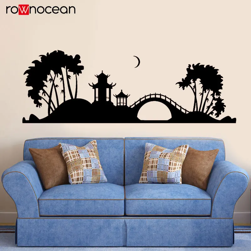 

Japanese Pagoda Tree Bridge Japan Night Art Wall Sticker Home Decor For Living Room Nature Decals Mural Interior Decoraton 3478