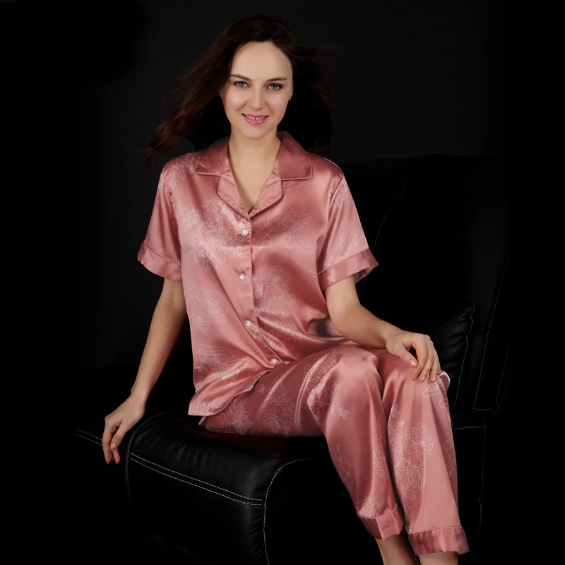 

Комплект пижамный Женский, из 2 предметов, атласный шелк, с коротким рукавом и длинными штанами, на осень и весну