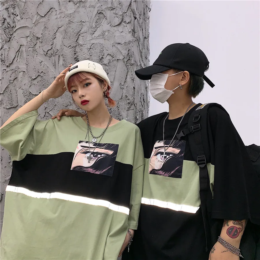 CheerSolo Harajuku негабаритная Футболка женская светоотражающий летний топ мультфильм аниме футболка Черная зеленая футболка Японская уличная одежда