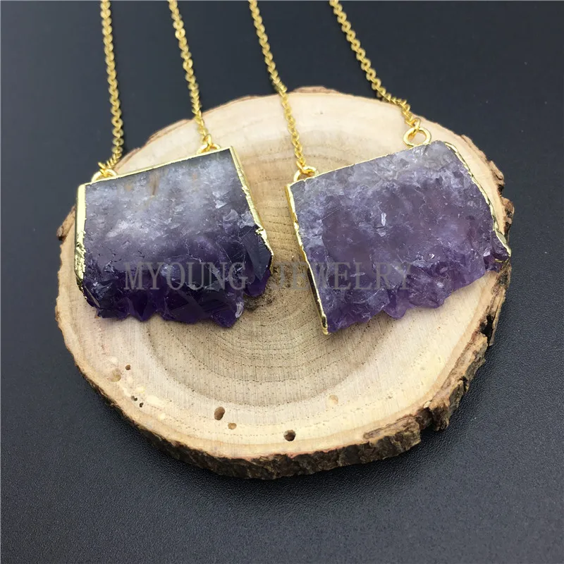 MY0860 Фиолетовый Кристалл кварц Сталактит ломтик с двойным Bails друза аметиста