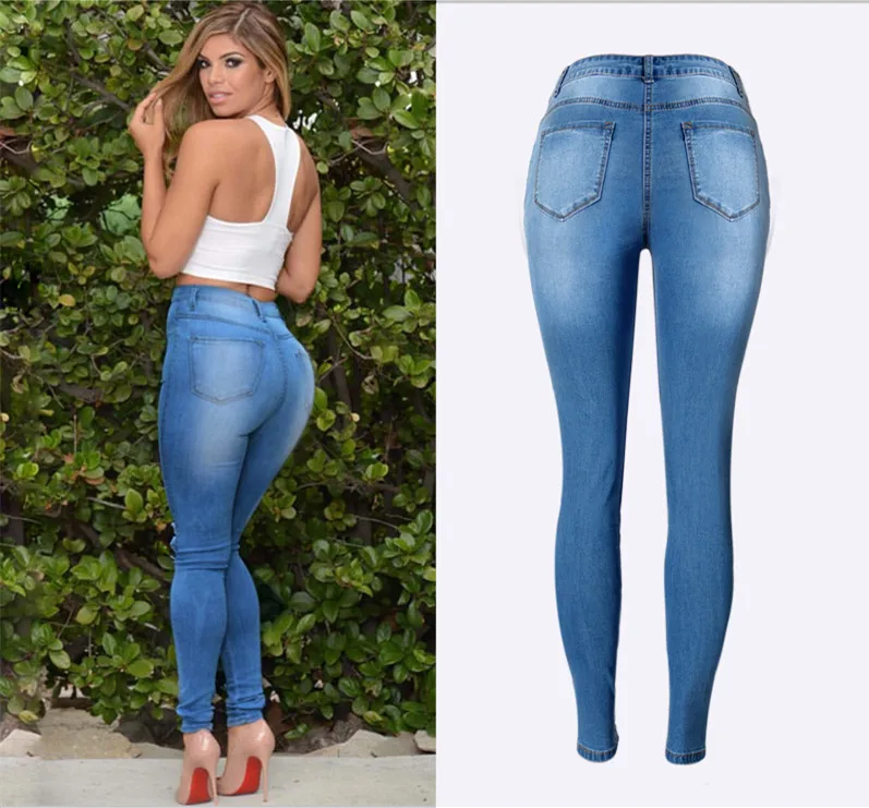 Модные потертые Узкие синие джинсы с высокой талией эластичные уличные