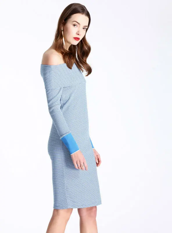 Модная женская полосатый отложным воротником прямо средней длины dress slim fit