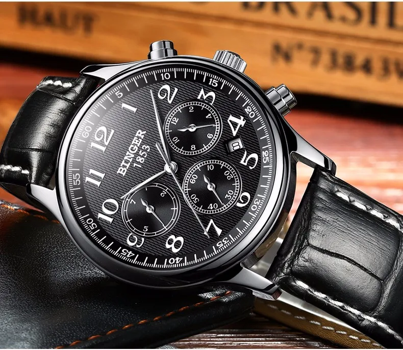 Watches Men Luxury Brand BINGER Automatic Mechanical Watch Waterproof Calendar Leather Wristwatch relogio masculino
