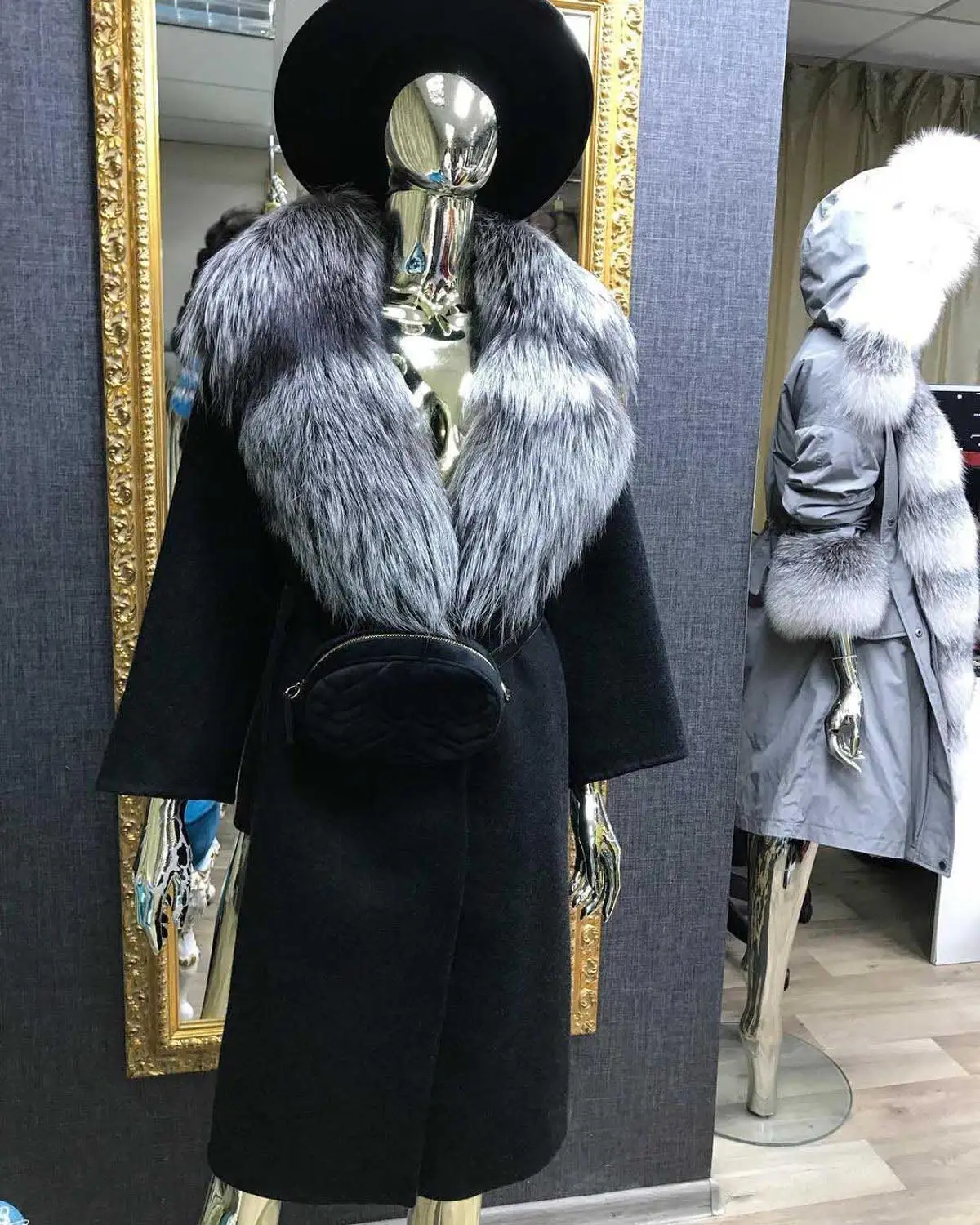 Модное шерстяное пальто из натурального меха серебристой лисы, шерстяное пальто из натуральной кожи, Женская куртка из натурального меха - Цвет: 90cm as picture