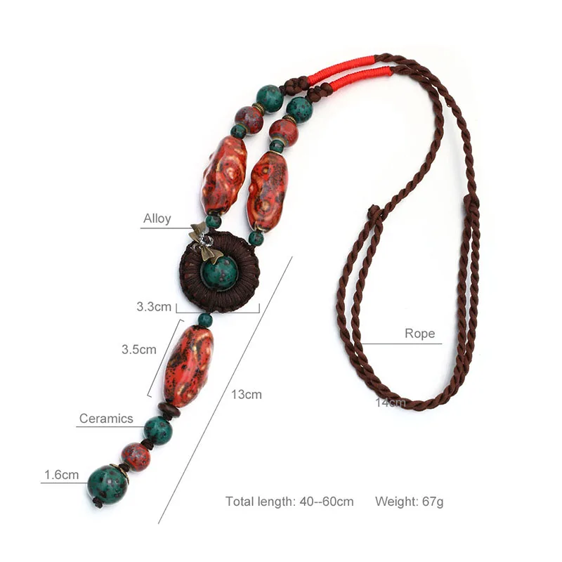 Shineland Unique Vintage Ethnic Jewelry Women's Long Hand Made Rope Chain Irregular Ceramic Statement Necklace Collier Femme | Украшения