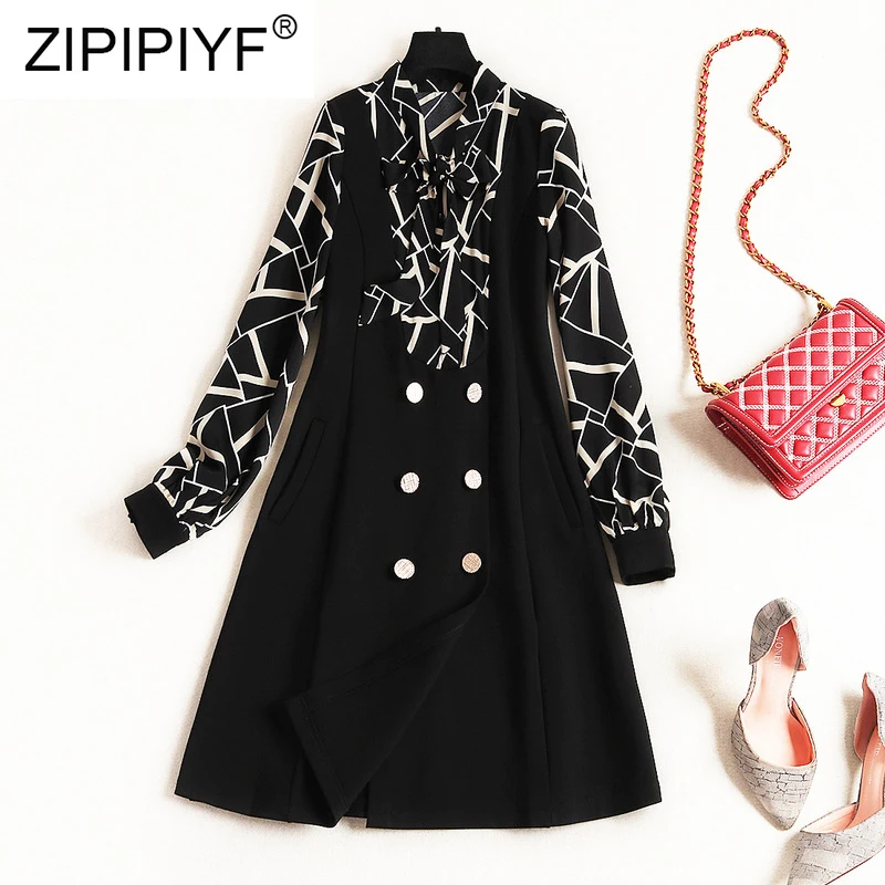 Элегантные модные женские платья с принтом длинным рукавом А силуэта черные