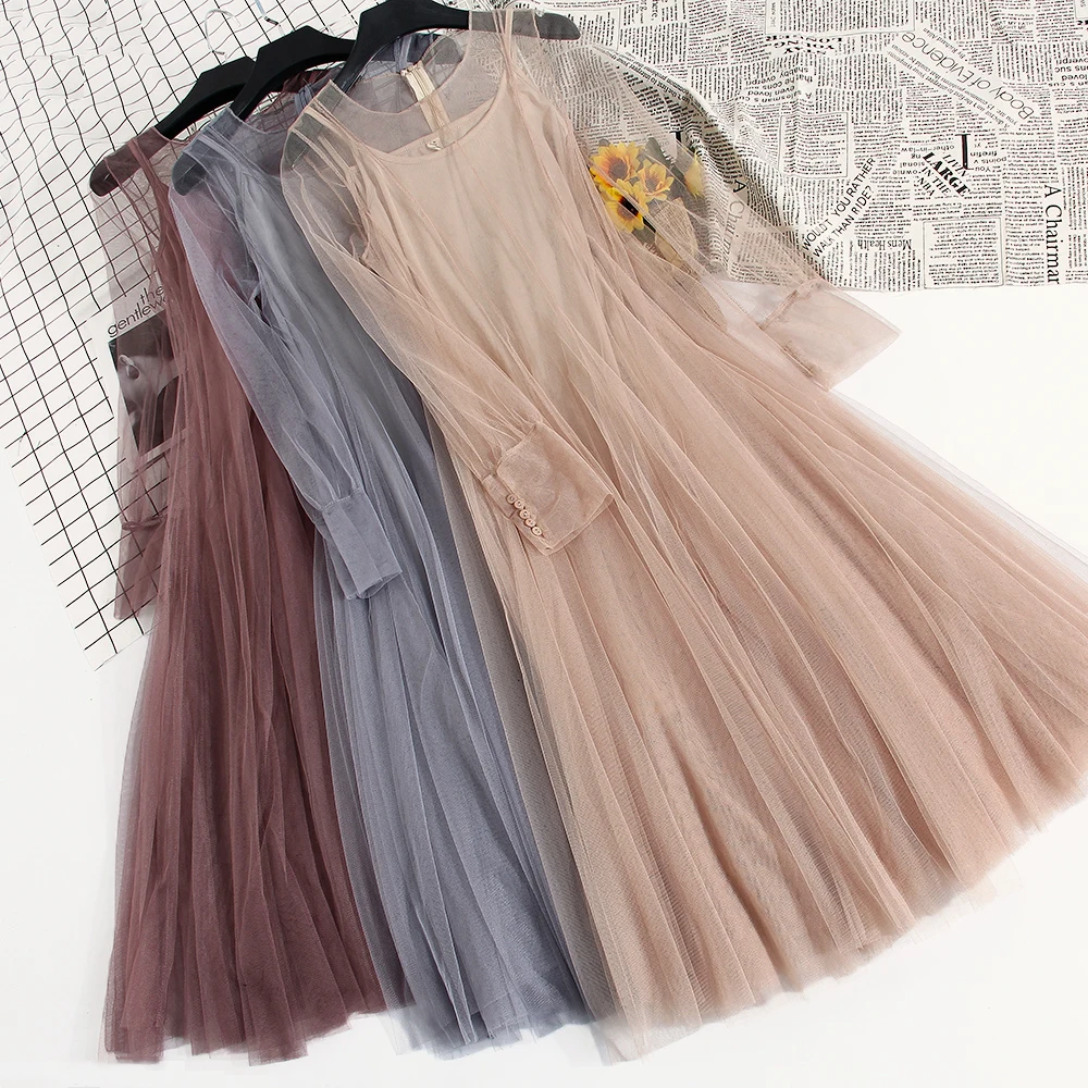Женское Прозрачное платье двойка с длинным рукавом весна 2018|swing dress|women dressdress sweet |