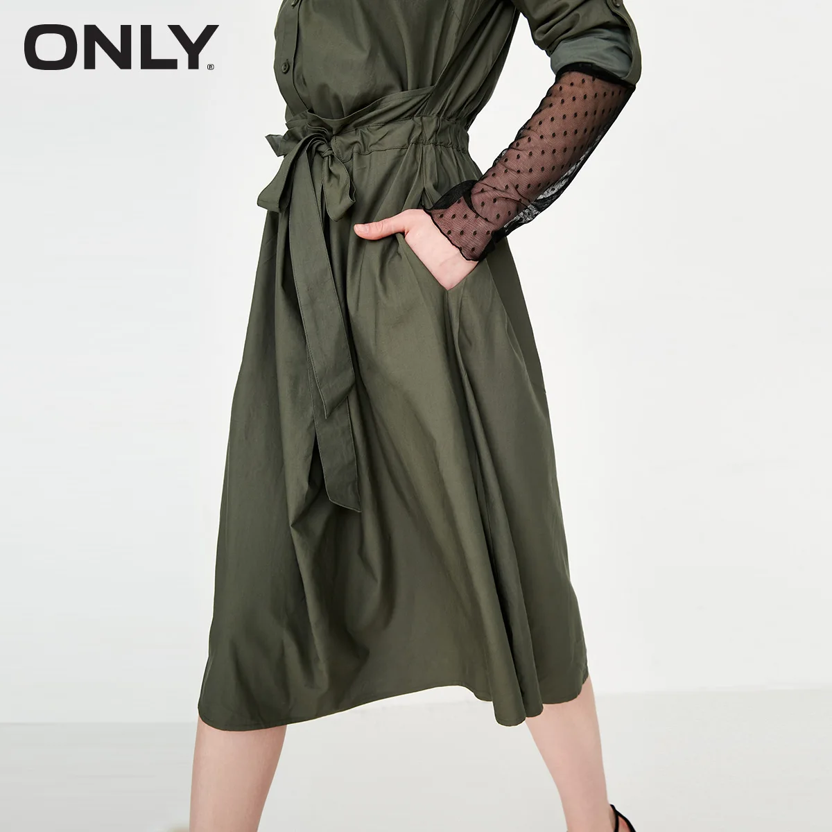 Только 2019 Весна и лето однобортное платье рубашка со шнуровкой завышенной талией