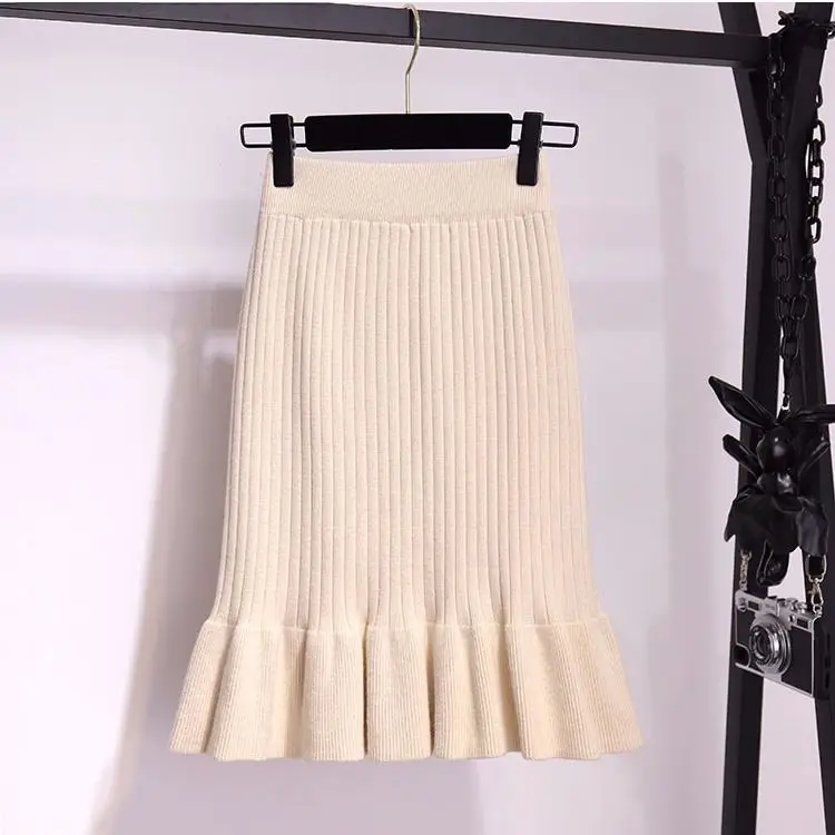 Vangull Women long sweater skirt Winter female ruffle midi pleated skirts maxi knitted high waist warm elegant Saias Jupe Femme