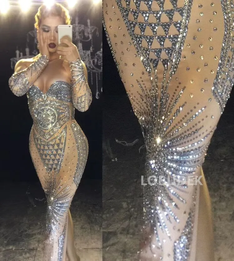 Серебристое стразы сексуальное трико платье женский костюм для ночного клуба