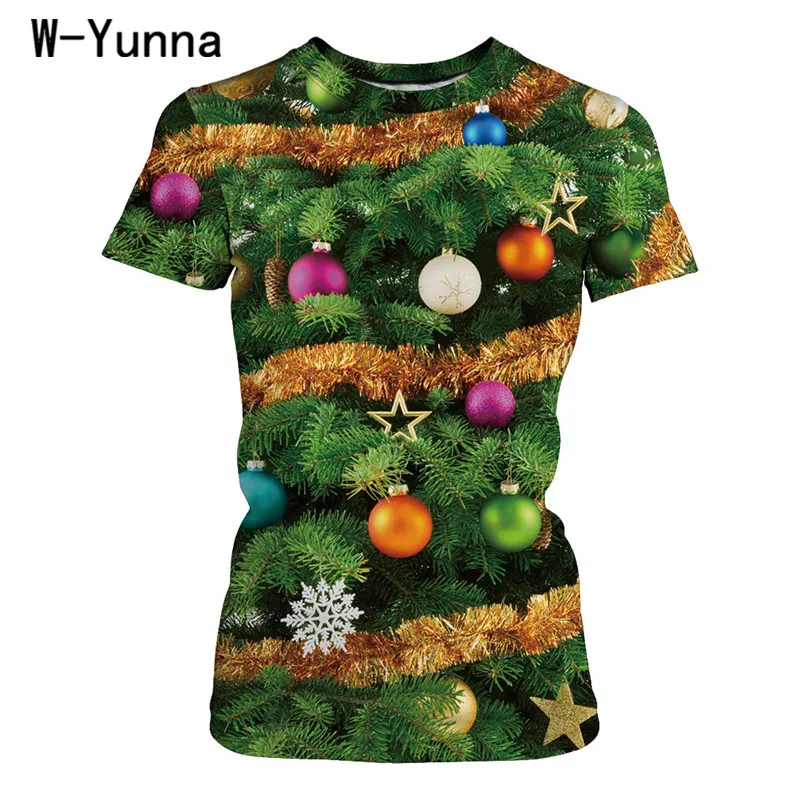 W-Yunna, модные женские футболки с рождественским узором, Рождественская елка/Собачка, 3D принт, короткий рукав, рубашка для женщин, одежда с круглым вырезом, CausalTop