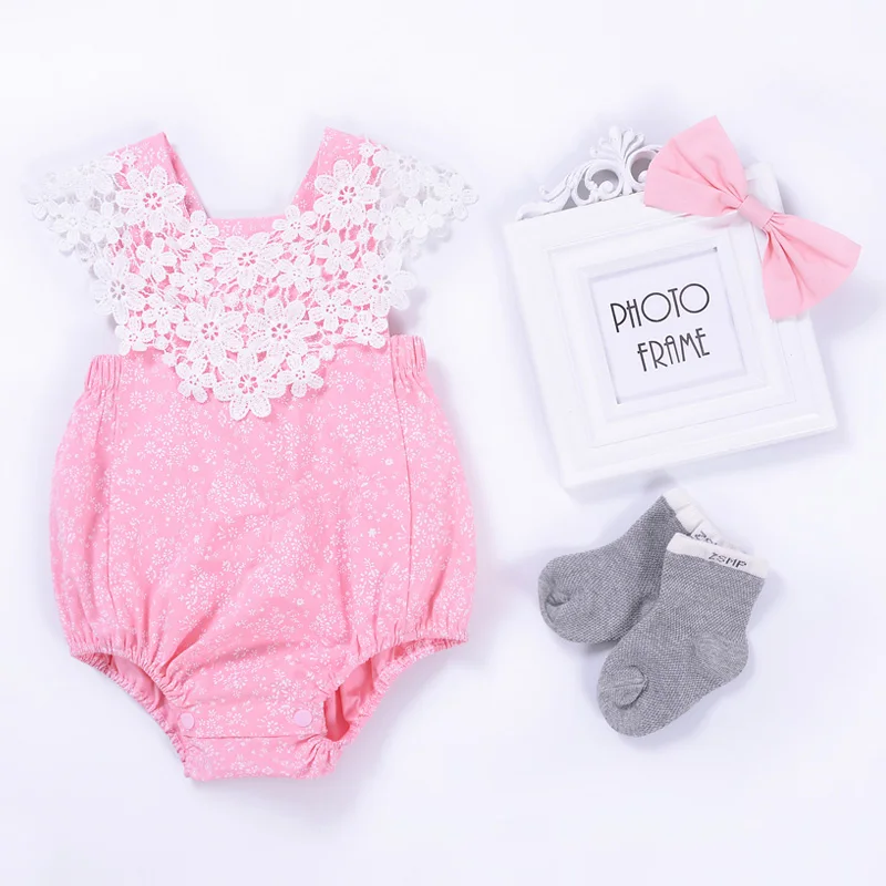 2017 Летом Новорожденных Девочек Детский Комбинезон Розовый Цвет Кружева Цветок