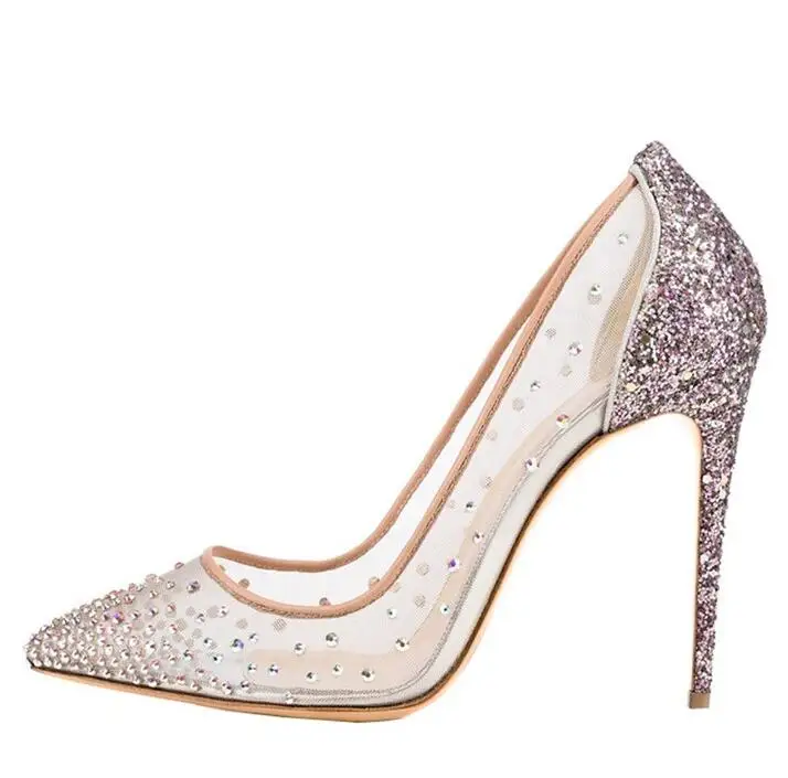 

Sexy See Through Mesh High Heels Pump Pointed Toe Crystal Embellished Bride Wedding Dress Shoes Sequined Glittering Heels Pumps