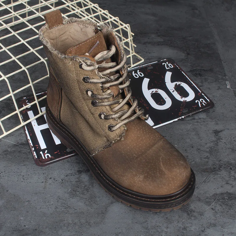 

CuddlyIIPanda 2019 Autumn Chic Canvas Motorcycle Boots Old Design Pleated Women Boots Pig Skin Retro Vintage Ankle Boots