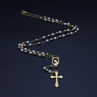 jsbao women gold color stainless steel 4mm simulated pearl prayer beads catholic religious virgin mary cross necklace jewelry