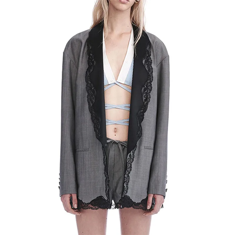 

High quality 2018 new fashion brand gray lace stitching embroidery green fruit collar loose casual temperament woman coat jacket