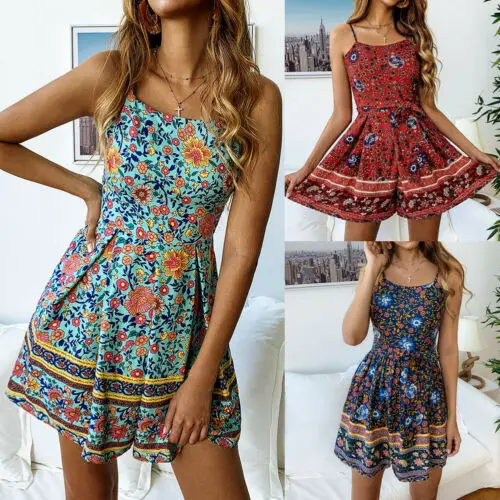 Женское Короткое платье на бретельках летнее пляжное с цветочным принтом 2019 |