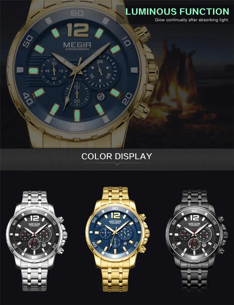 Мужские часы MEGIR мужские топ люкс Новый хронограф календарь спортивные наручные