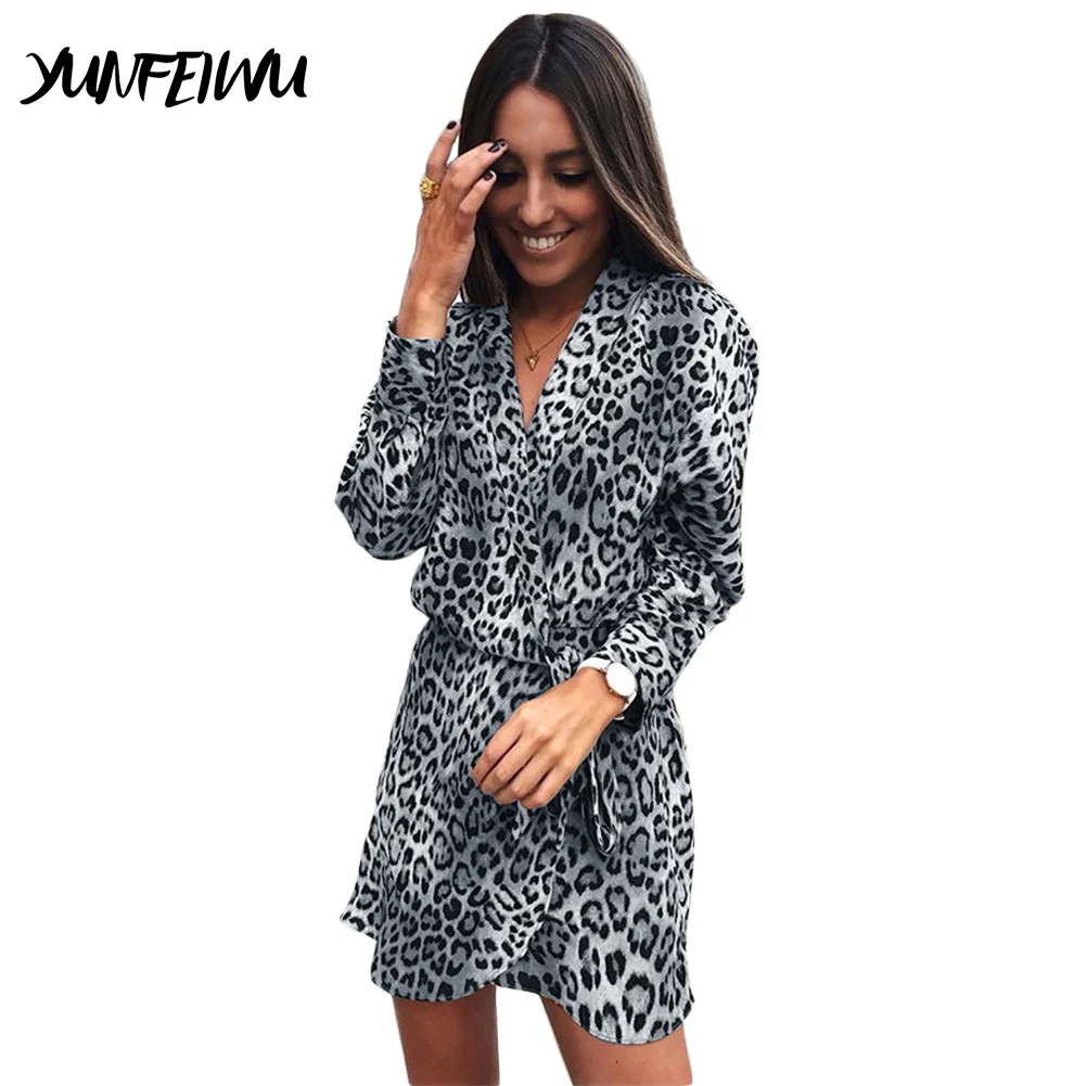 Высокое качество Для женщин v-образным вырезом мини-платье леопардовый