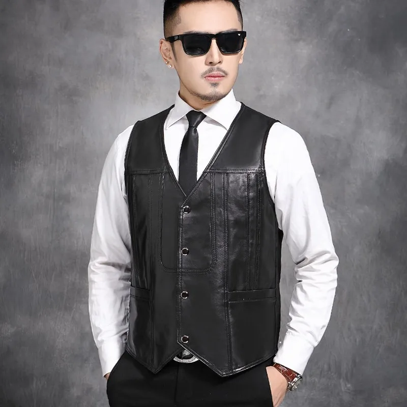 

Business Men Casual Outwear Vest Single Breasted Plus Size Office Work Slim Sleeveless Coat Top Quality Real Leather Waistcoat